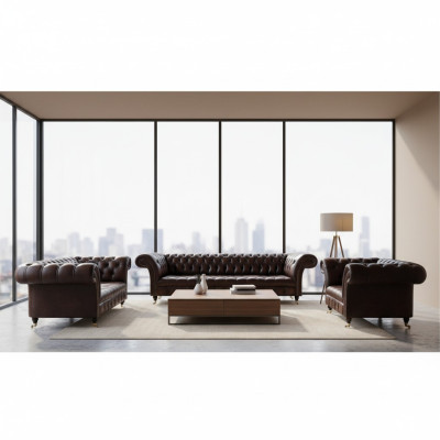 Chesterfield Cuero Marrón Sala de estar Muebles tapizados Sofás Set Lujo Mobiliario