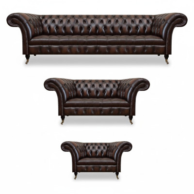 Chesterfield Cuero Marrón Sala de estar Muebles tapizados Sofás Set Lujo Mobiliario