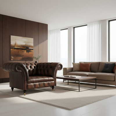 Lujo Nuevo Sofá de sala Marrón Asiento Decoración Muebles tapizados Chesterfield