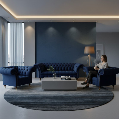 Conjunto de sala de estar 3 piezas Chesterfield azul lujo sofá de tres plazas 2x sillones nuevo.