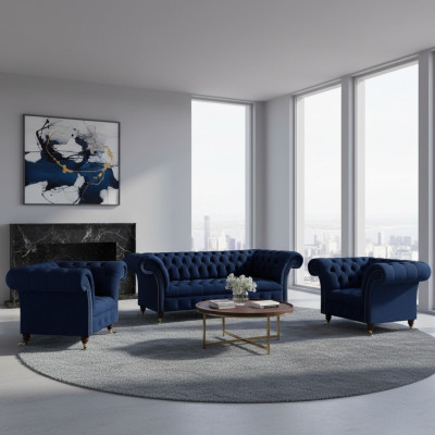 Conjunto de sala de estar 3 piezas Chesterfield azul lujo sofá de tres plazas 2x sillones nuevo.