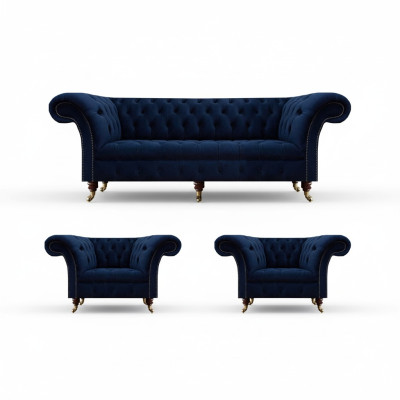 Conjunto de sala de estar 3 piezas Chesterfield azul lujo sofá de tres plazas 2x sillones nuevo.