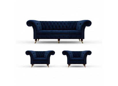 Conjunto de sala de estar 3 piezas Chesterfield azul lujo sofá de tres plazas 2x sillones nuevo.