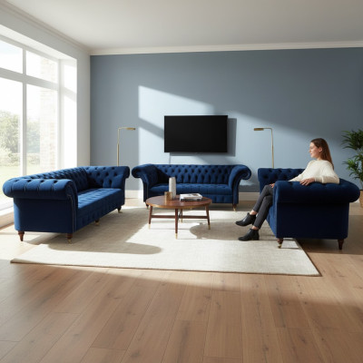 Diseño de muebles completo para sala de estar, sofás Chesterfield de 3 piezas (4+2+1), textil.