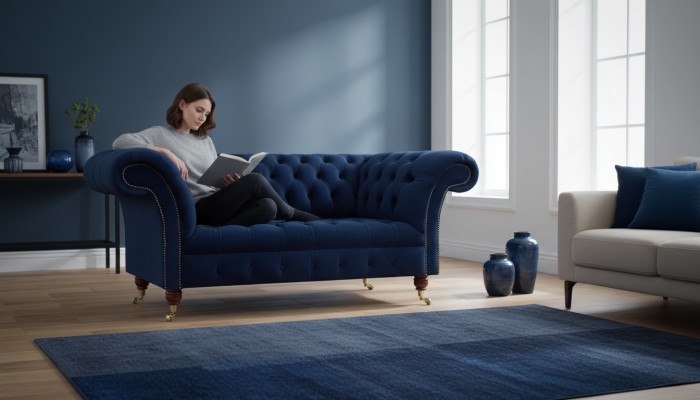 Sofá de sala de estar, sofá de dos plazas, mueble tapizado, diseño Chesterfield.