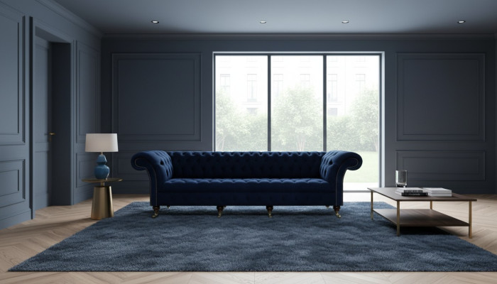 Sofá de cuatro plazas Chesterfield para sala de estar con diseño de muebles tapizados.