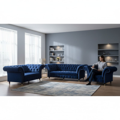 Sala de estar 3 piezas conjunto de sofás de lujo Chesterfield textil equipado sillones