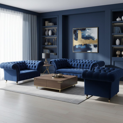 Sala de estar 3 piezas conjunto de sofás de lujo Chesterfield textil equipado sillones