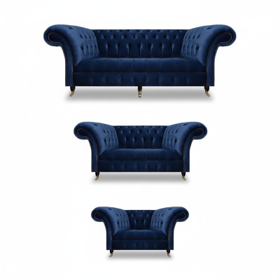 Sala de estar 3 piezas conjunto de sofás de lujo Chesterfield textil equipado sillones