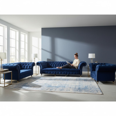 Conjunto de sala de estar de 3 piezas Chesterfield azul textil lujo sofás diseño mobiliario