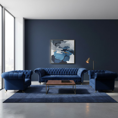 Conjunto de sala de estar de 3 piezas Chesterfield azul textil lujo sofás diseño mobiliario