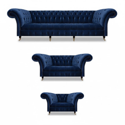 Conjunto de sala de estar de 3 piezas Chesterfield azul textil lujo sofás diseño mobiliario