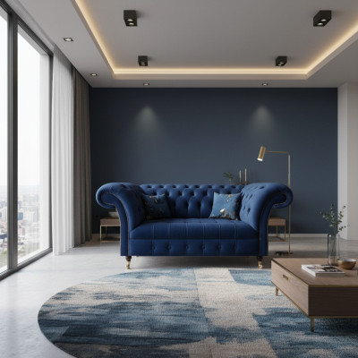 Sofá de dos plazas Chesterfield en tela azul de diseño nuevo.
