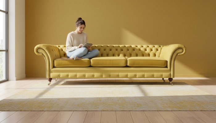 Sofá de salón, sofá de tres plazas, mobiliario nuevo Chesterfield, asiento textil.