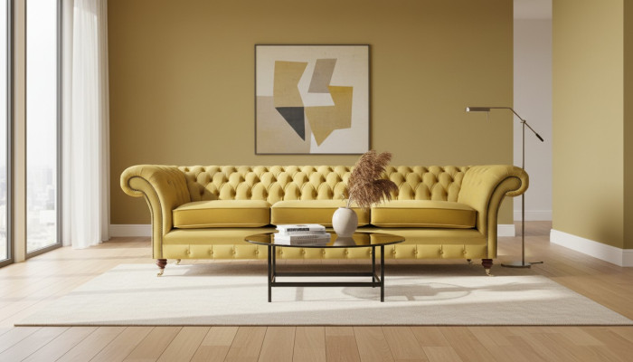 Sofá de salón, sofá de tres plazas, mobiliario nuevo Chesterfield, asiento textil.