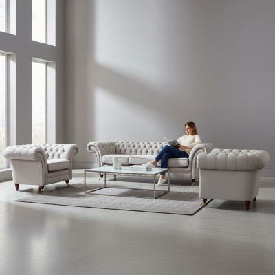 Lujo mobiliario Nuevo juego de sofá en gris de 3 piezas estilo Chesterfield