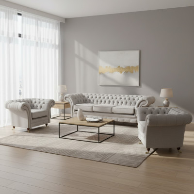Lujo mobiliario Nuevo juego de sofá en gris de 3 piezas estilo Chesterfield