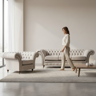 Juego de sofá de lujo gris de tres plazas, sofá Chesterfield, sillón de salón.