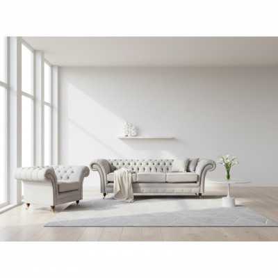 Juego de sofá de lujo gris de tres plazas, sofá Chesterfield, sillón de salón.