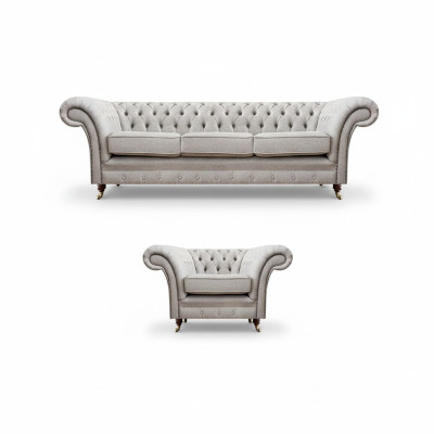 Juego de sofá de lujo gris de tres plazas, sofá Chesterfield, sillón de salón.