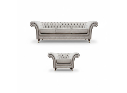 Juego de sofá de lujo gris de tres plazas, sofá Chesterfield, sillón de salón.