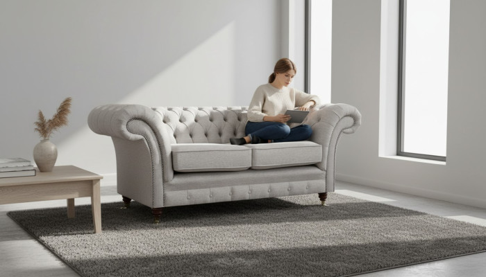 Muebles tapizados gris: sofá de dos plazas Chesterfield para el salón.