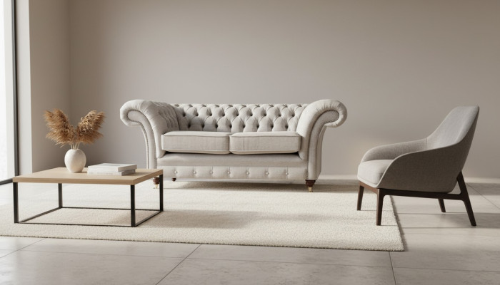 Muebles tapizados gris: sofá de dos plazas Chesterfield para el salón.