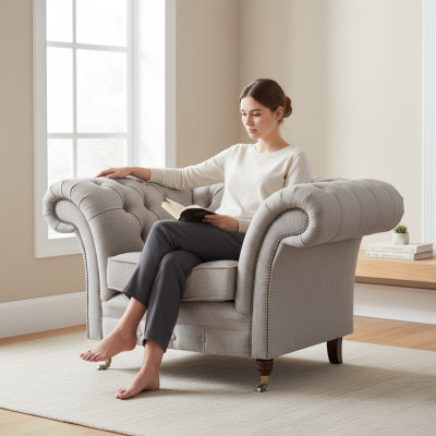 Sillón de lujo para sala de estar, muebles tapizados nuevos, gris, asiento de tela, Chesterfield.