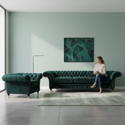 Lujo completo sala de estar sofá sofá de tres plazas Nuevo sillón Chesterfield