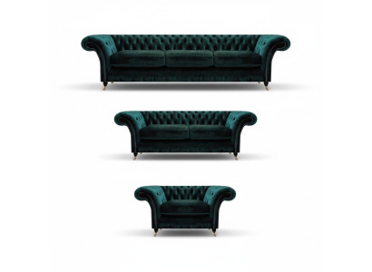 Sala de estar de lujo con mobiliario completo: sofás, sillones Chesterfield tapizados 3+2+1.