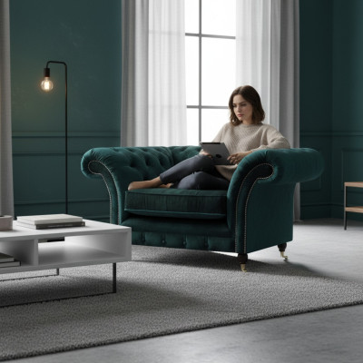 Sillón verde nuevo, muebles de sala de estar, asiento tapizado Chesterfield, tapizados.