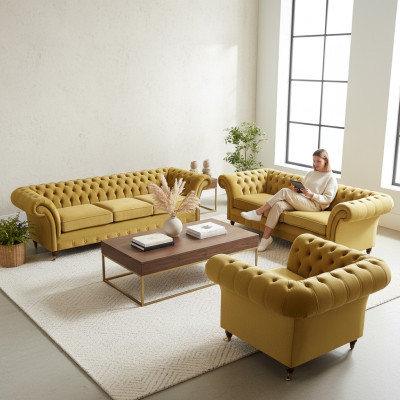 Sofá de lujo conjunto 3 piezas muebles tapizados Chesterfield sofás 3+2+1.