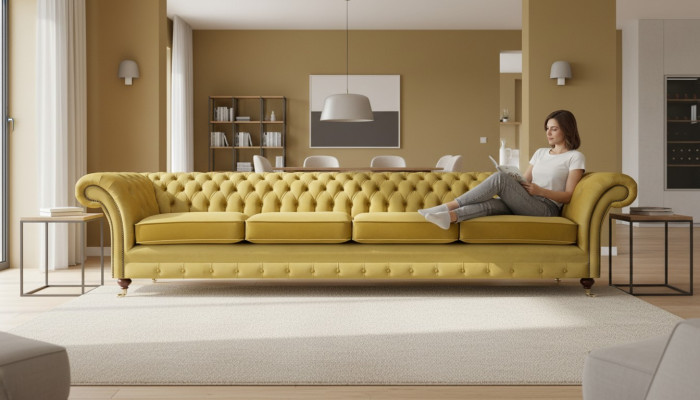 Sofá amarillo de salón, sofá de cuatro plazas, Chesterfield, asiento tapizado, mobiliario.
