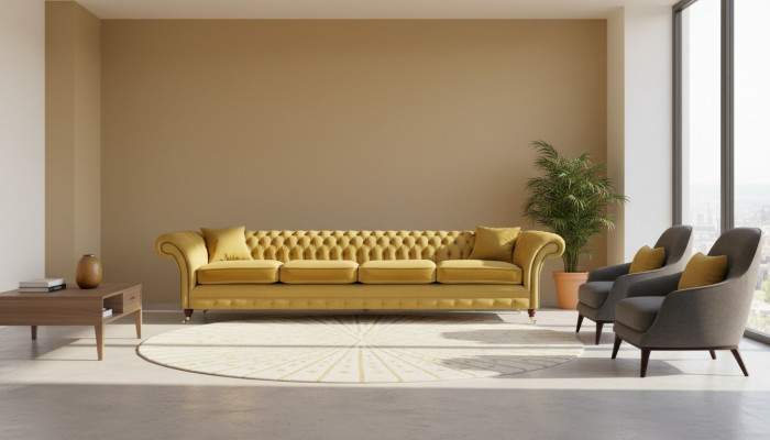 Sofá amarillo de salón, sofá de cuatro plazas, Chesterfield, asiento tapizado, mobiliario.