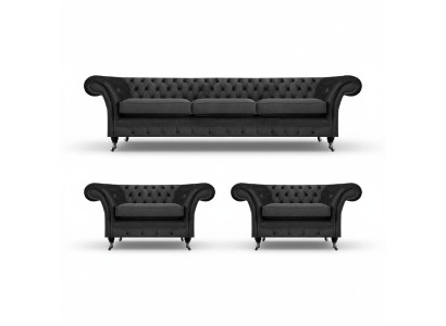 Chesterfield Negro Juego de Sala de Estar con Tapicería - Set de Sofá de 3 Piezas 3+1+1