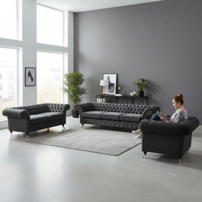 Sala de estar con sofá, sofás, sillones, estilo Chesterfield, mobiliario 3+2+1.