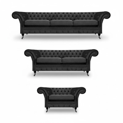Sala de estar con sofá, sofás, sillones, estilo Chesterfield, mobiliario 3+2+1.