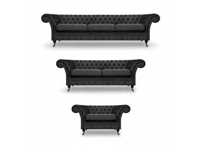 Sala de estar con sofá, sofás, sillones, estilo Chesterfield, mobiliario 3+2+1.