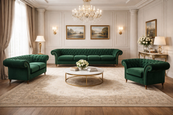 Muebles tapizados verdes Sofás Chesterfield Sillón Sala de estar 4+2+1 Conjunto de sofás