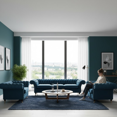 Conjunto de sala de estar de lujo azul Chesterfield, muebles tapizados, sofás textiles.