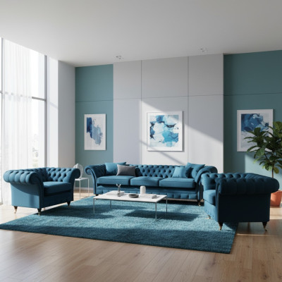 Conjunto de sala de estar de lujo azul Chesterfield, muebles tapizados, sofás textiles.