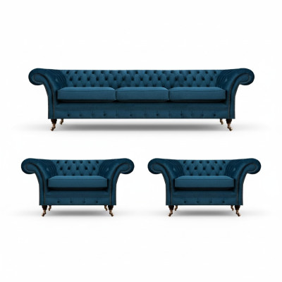 Conjunto de sala de estar de lujo azul Chesterfield, muebles tapizados, sofás textiles.