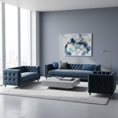 Chestefield Gris Conjunto completo de sala de estar de 4+2+1 Sofás Set 3 piezas Muebles tapizados