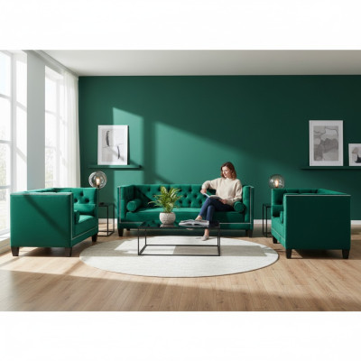Lujo Verde Chesterfield Diseño Conjunto de sofás de 3 piezas Sala de estar Sofá de 3 plazas + 2 plazas + 1 plaza