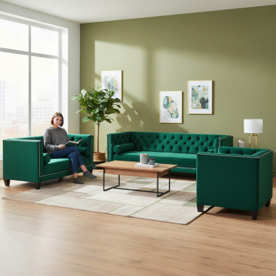 Sofá Chesterfield totalmente nuevo conjunto de muebles de salón con tapicería.