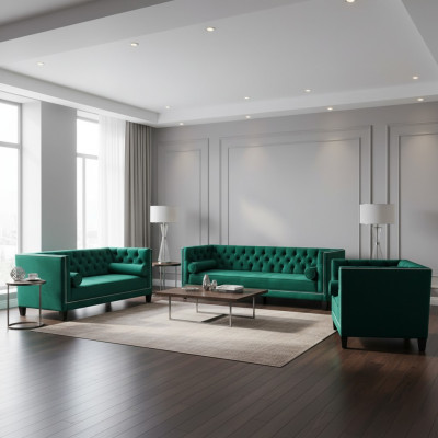 Sofá Chesterfield totalmente nuevo conjunto de muebles de salón con tapicería.