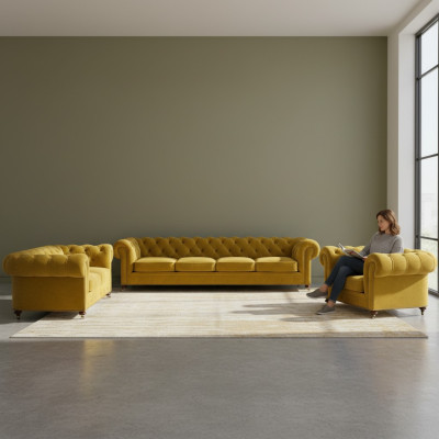 Amarillo de lujo conjunto completo de 4+2+1 sillones de salón Chesterfield tapizados en tela.