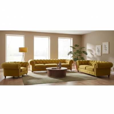 Amarillo de lujo conjunto completo de 4+2+1 sillones de salón Chesterfield tapizados en tela.