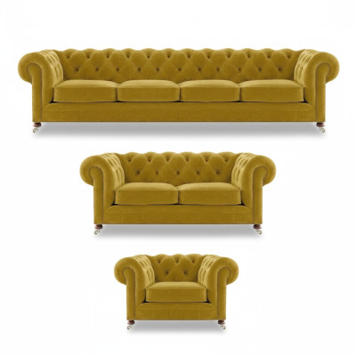 Amarillo de lujo conjunto completo de 4+2+1 sillones de salón Chesterfield tapizados en tela.