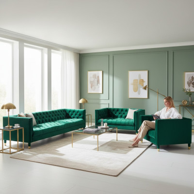 Sofá Chesterfield de lujo, conjunto de muebles de sala de estar de 3 piezas con tapizado de tela.